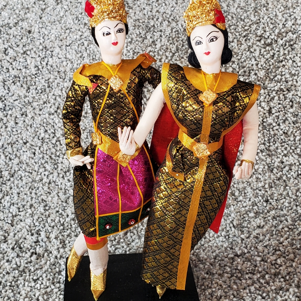 Traditional Thai Dancing Dolls in Gold and Black Attire